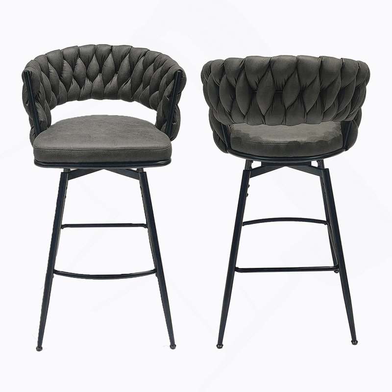 Ensemble de 2 tabourets de bar 28 po en cuir tressé en cuir technique avec pieds noirs, pas d'îlot de cuisine réglable, 360 tabourets de bar pivotants avec repose-pieds à dossier (brun clair)