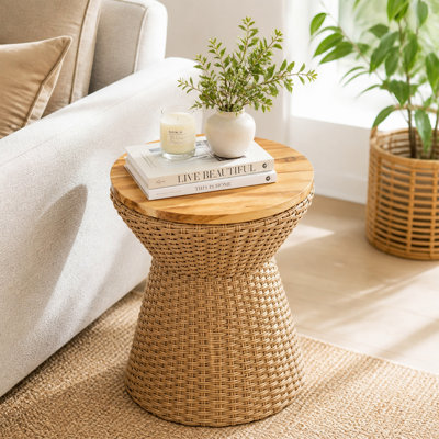 Rattan Hourglass Side Table, Wooden Top Wicker End Table, Outdoor Patio Boho Round Side Table for Balcony