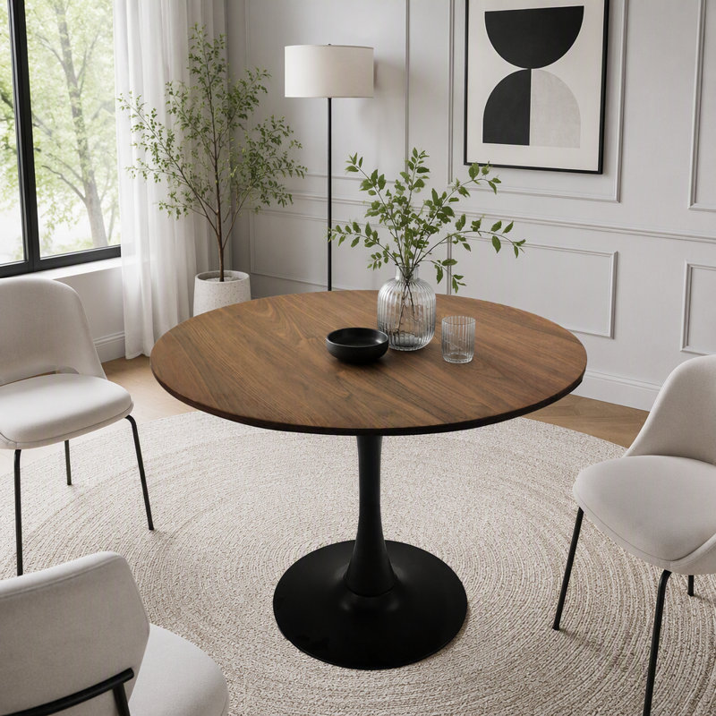 Table de salle à manger ronde en tulipe avec pied central, Noyer + noir
