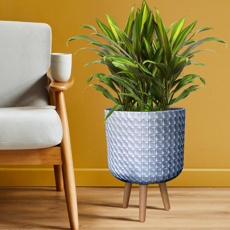Geometric Patterned Cylinder Planter with Feet, Grey, 44cm H x 31cm W x 31cm D