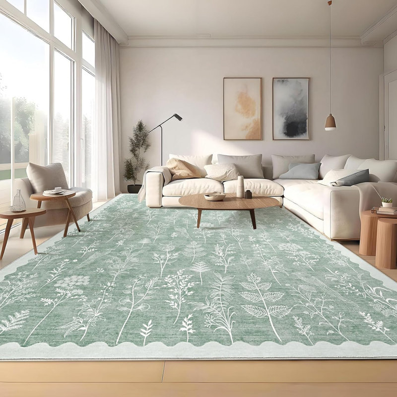 Washable Floral Runner Rug, Non-Slip, Low-Pile, Scalloped Pattern for Kitchen, Hallway, Laundry, Bathroom, Green