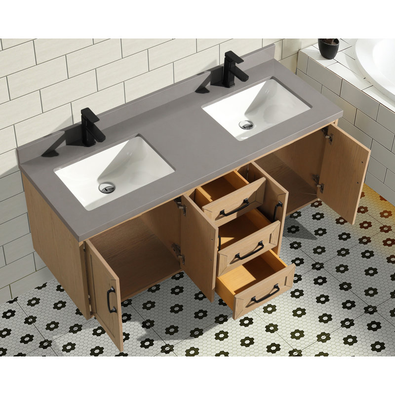 Venice 55" Oak Gray Double Sink Wall-Mount Vanity with Quartz Top