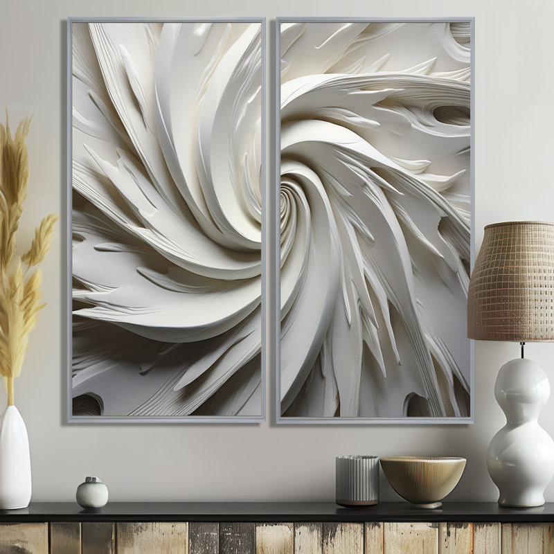 White Majestic Motion I - Décoration murale moderne blanche 2 panneaux, H 32 po x l 32 po, Impression encadrée flottante