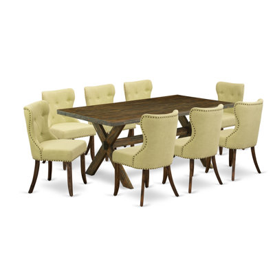 9-Pc Kitchen Dining Set- 8 Dining Chair with Limelight Linen Fabric Seat and Button Tufted Chair Back - Rectangular Tabletop & Wooden Cross Legs Distressed Jacobean Finish