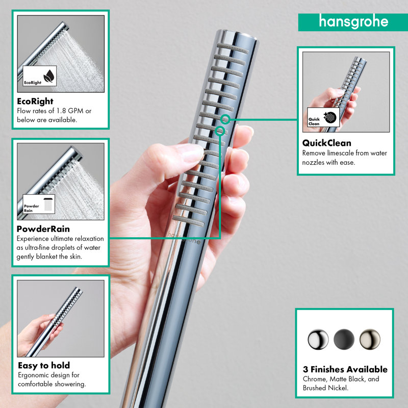 hansgrohe Pulsify S Baton Handshower 100 1-Jet, 1.75 GPM, Chrome, 1.75 GPM