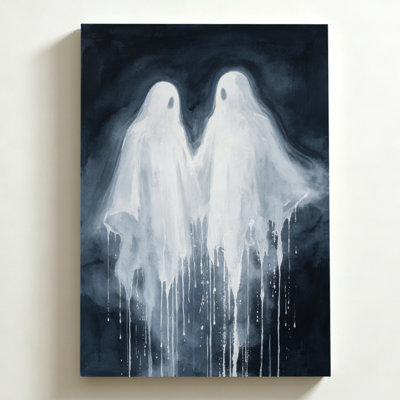 Tableau sur toile d'Halloween 50 x 75 cm. Deux silhouettes fantomatiques se tenant la main, la peinture dégouline. Impression sur toile aquarelle, ambiance éthérée et envoûtante. Décoration murale moderne pour chambre, salon et bureau.
