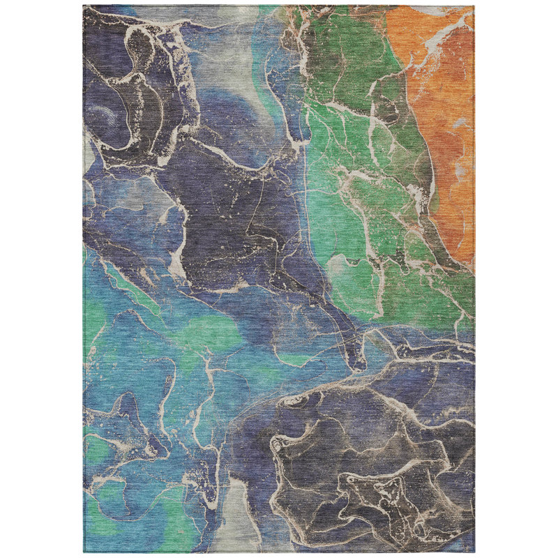 Machine Washable Indoor/Outdoor Xhevrie Blue Rug, Rectangle 2'6" x 3'10"