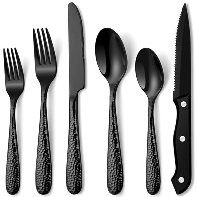 24-Piece Black Stainless Steel Silverware Set - Heavy Duty, Hammered Design For Stylish Dining