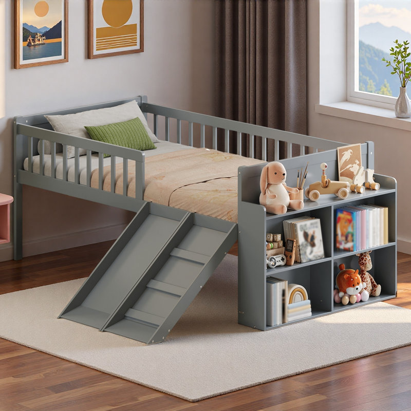 Lit en bois avec tablettes de rangement, rangement sous le lit, glissoire et échelle, Gris
