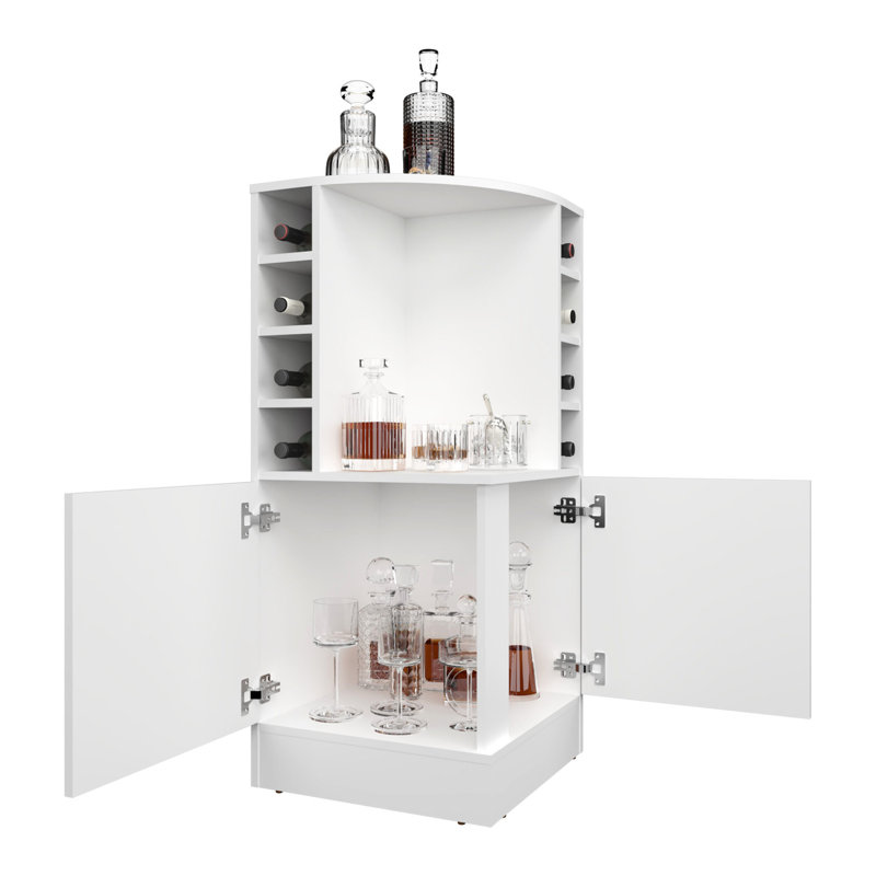 42" Tall Corner Bar Cabinet - White Modern With 8 Bottle And Double Door Storage Living Room 43" Wine, White