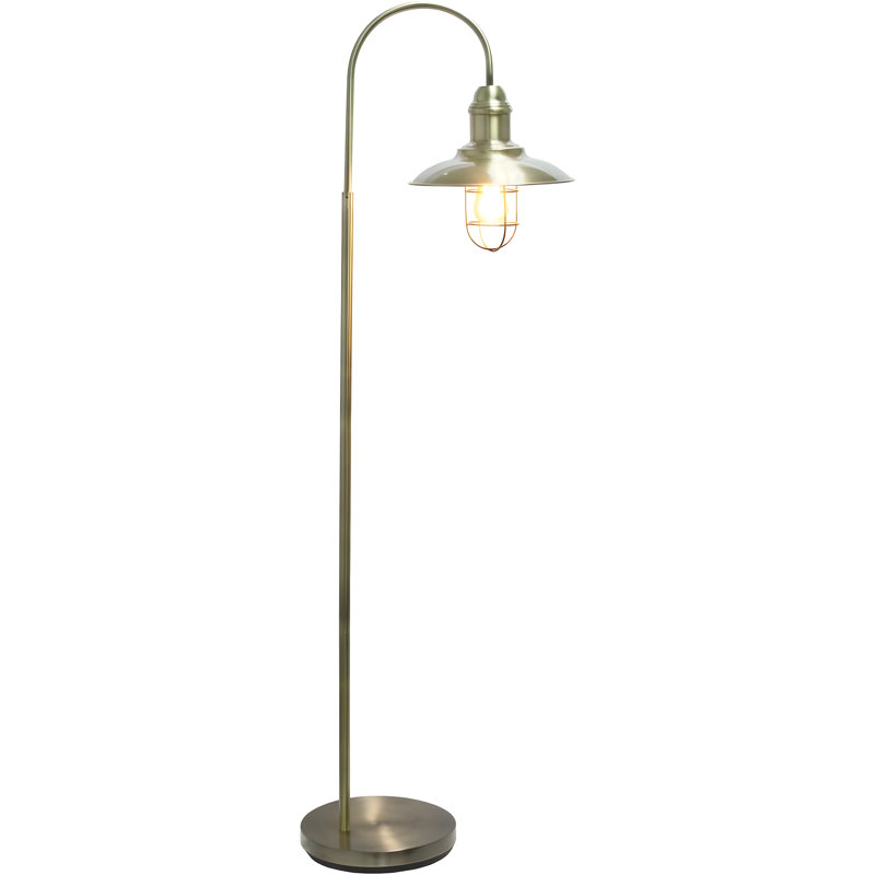 Rustic Open Cage Floor Lamp With Antique Brass Finish And Metal Shade, Footswitch Included