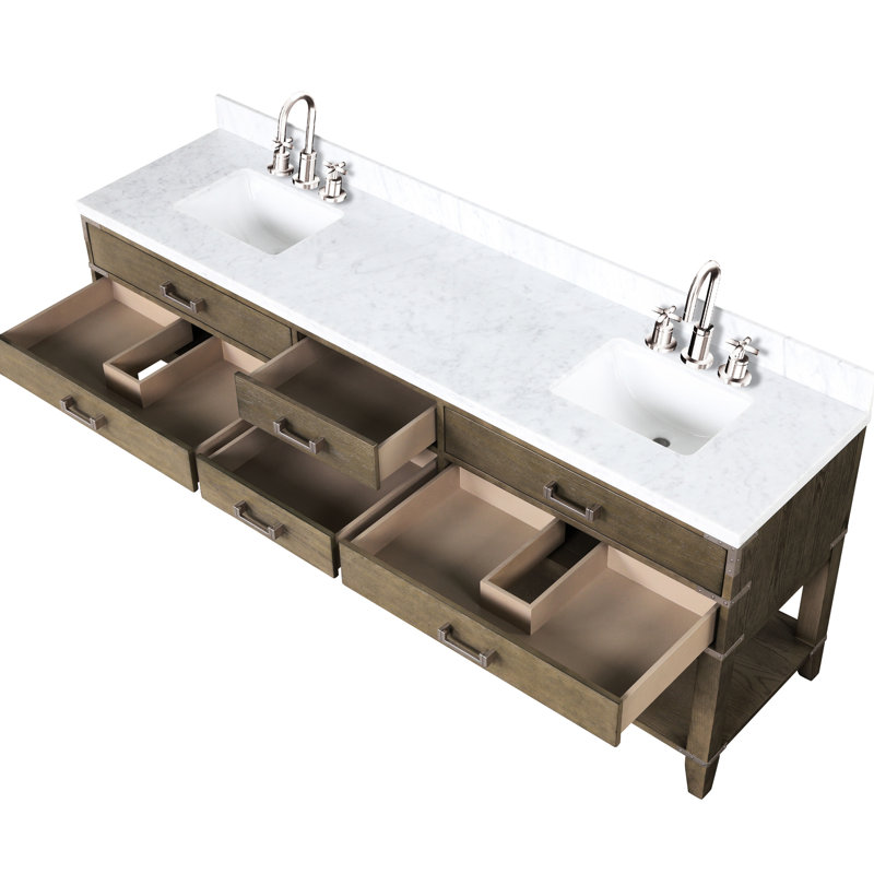 84 po De salle de bain double en chêne gris avec dessus en marbre scellé, robinet et rangement à quatre tiroirs, Gris
