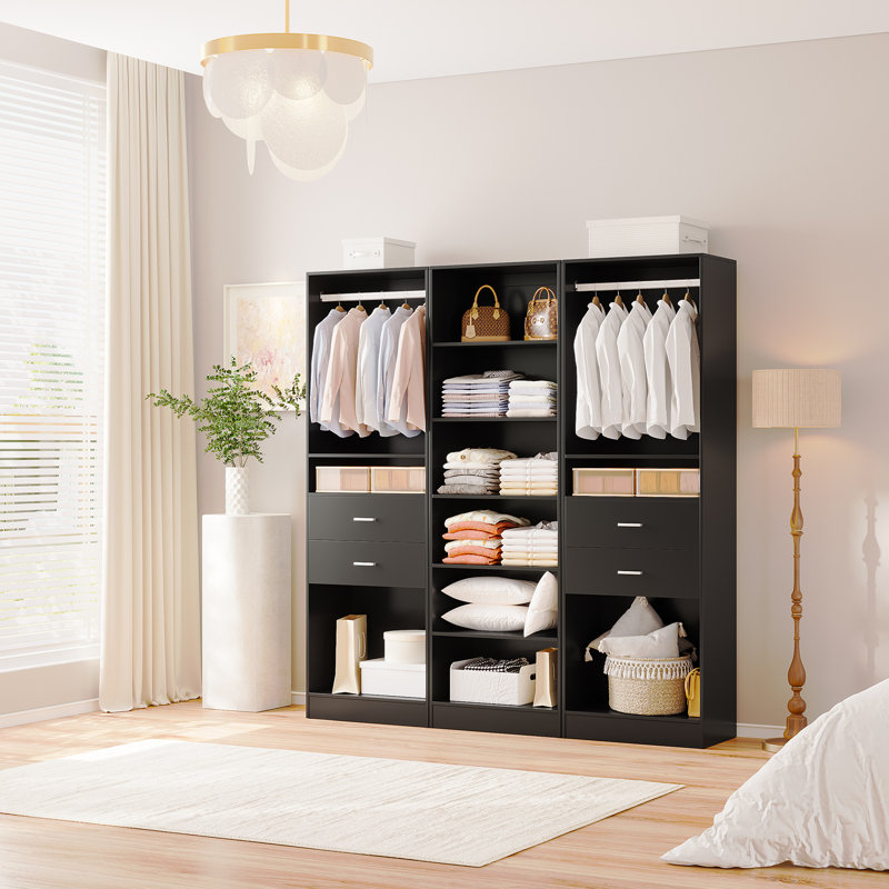 3-Piece Set: 74.4"W Wardrobe Storage System With 4 Wooden Drawers, Adjustable Shelves And Hanging Rod, Black
