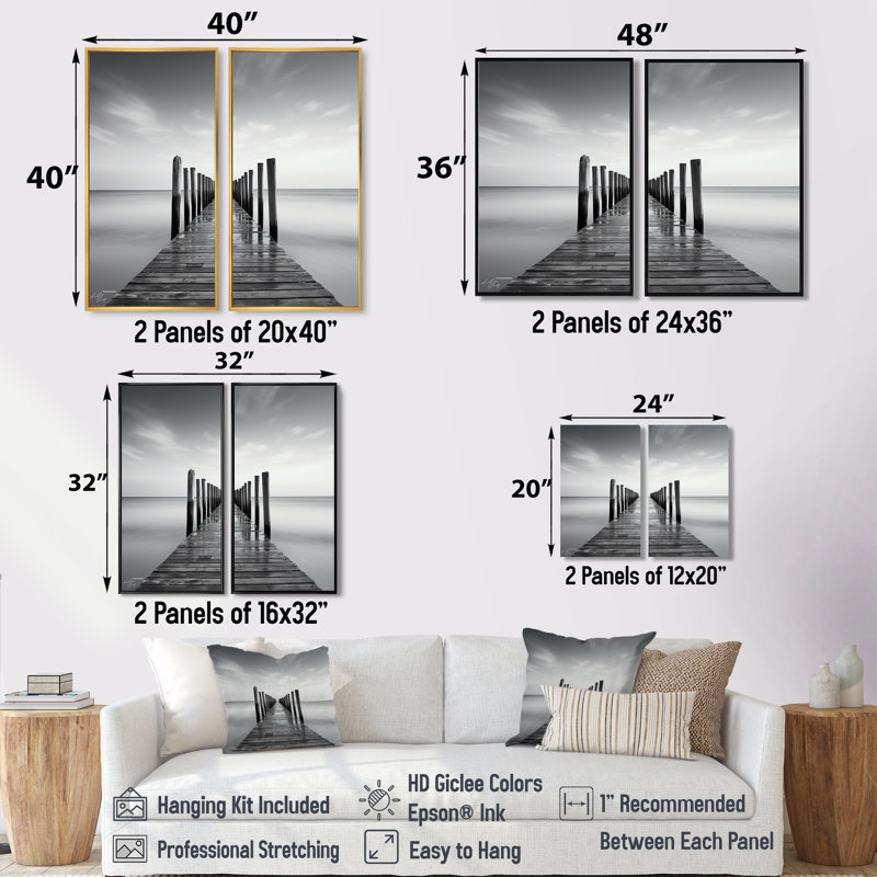 «Black and White Pier Horizon I», art mural bord de mer noir, H 40 po x l 40 po, Reproduction encadrée sans passe-partout