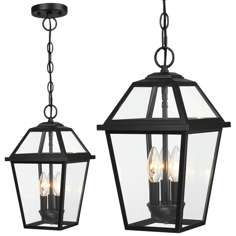 Large Outdoor Pendant Light For Porch 3-Light, 16'' Waterproof Exterior Hanging Lighting Outdoor Chandelier For Porch Gazebo With Adjustable Chain Tempered Glass,1Pack, Bulb Not Included