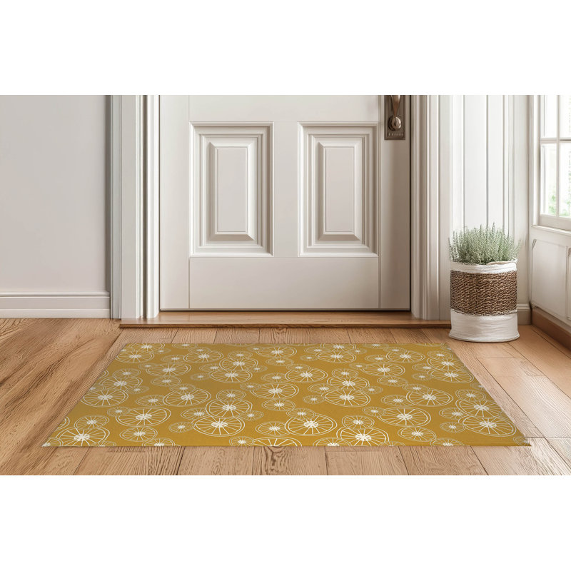Tapis d'entrée intérieur ultra mince, léger et antidérapant à motif de roue à rayons, Ocre doré, L 60 po x L 84 po