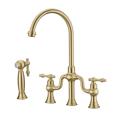 Bridge Faucet with Gooseneck Swivel Spout and Brass Side Spray
