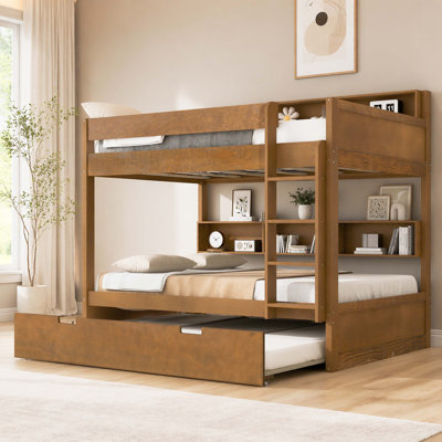 Solid Wood Twin Over Twin Bunk Bed Frame, Kids Bunk Bed with Built-In Multi-Layer Storage Shelves, Side Ladder & Pull-Out Twin Trundle Bed