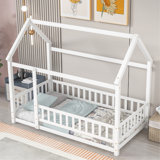 Thendara Floor Bed Frame, Wooden Platform Bed with House Roof Frame and Fence Guardrails