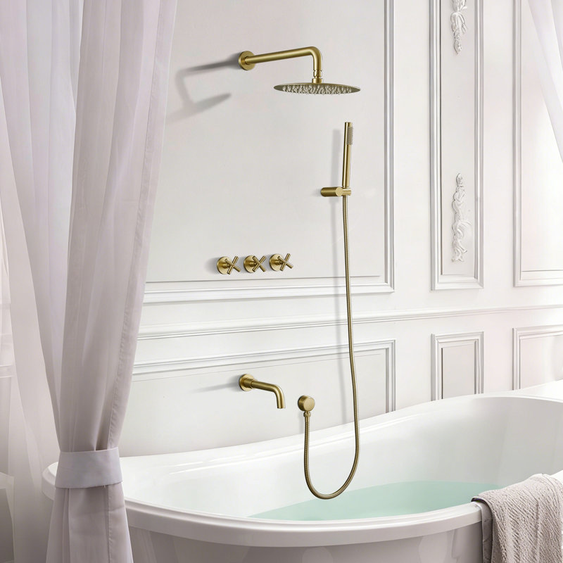 Wall Mounted Solid Brass Complete Shower System With Tub Spout And 3-Cross Handles, Brushed Gold
