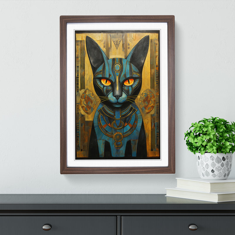 XYZ-FRM-V1223-596 Egyptian Cat Art Deco - Single Picture Frame Print on Wood, Walnut, 64cm H x 46cm W x 2cm D