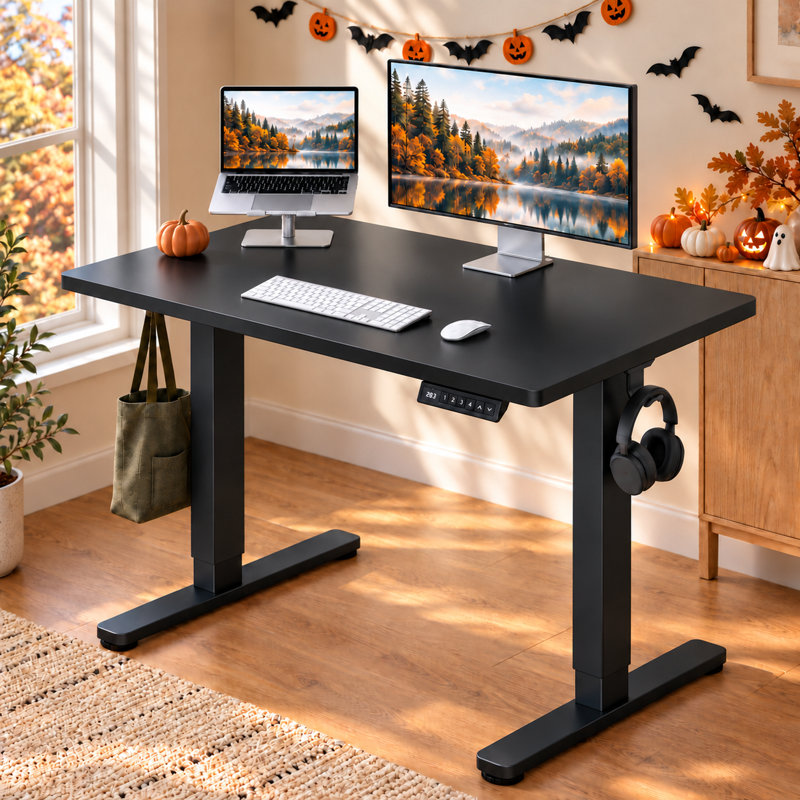 Bureau assis-debout électrique réglable en hauteur avec 4 positions mémorisables, système de gestion des câbles et crochets intégrés, idéal pour le télétravail et les études à domicile, noir.
