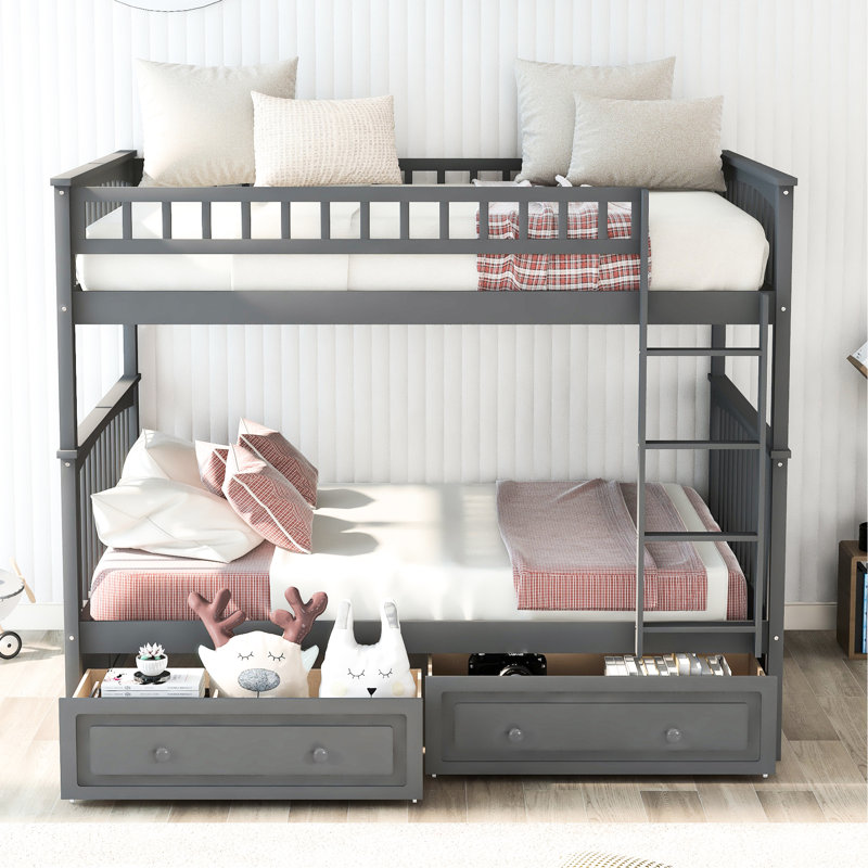 Lit superposé double avec roulettes et tiroirs en gris, construction stable gris - convertible pour chambre à coucher stable
