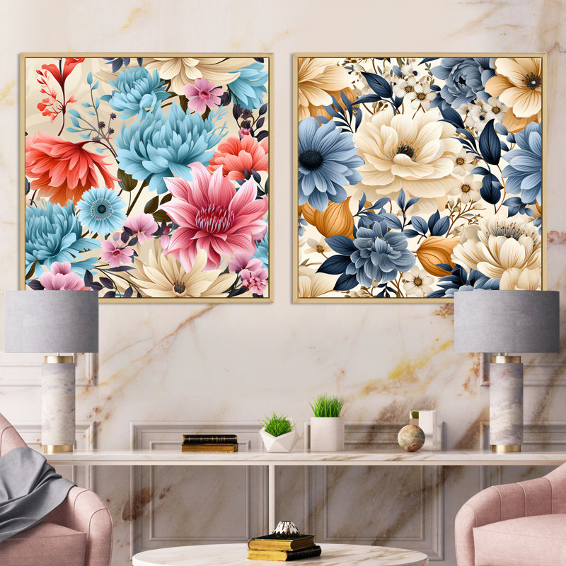 Margene - Ensemble de 2 collages floraux carrés, Cadre flottant brun, H 30 po x l 61 po