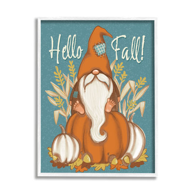 " Hello Fall Seasonal Garden Gnome Wheat Sprigs Pumpkins " by Figgy Pudding Designs
