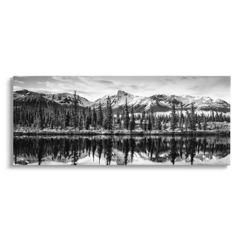 Monochrome Landscape Canvas Print with Lake Reflection, 24" x 10"