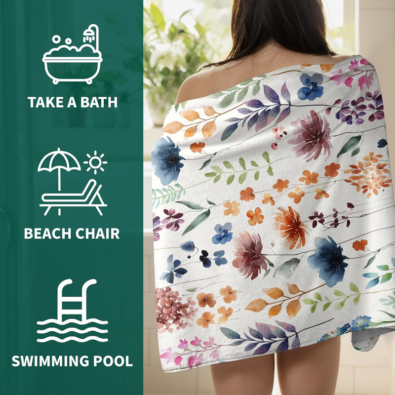 Serviette de bain en microfibre colorée à motif de fleurs sauvages colorées pour maison 60 x 80 pouces Plus, vous recevrez un sac fourre-tout en toile de style plage