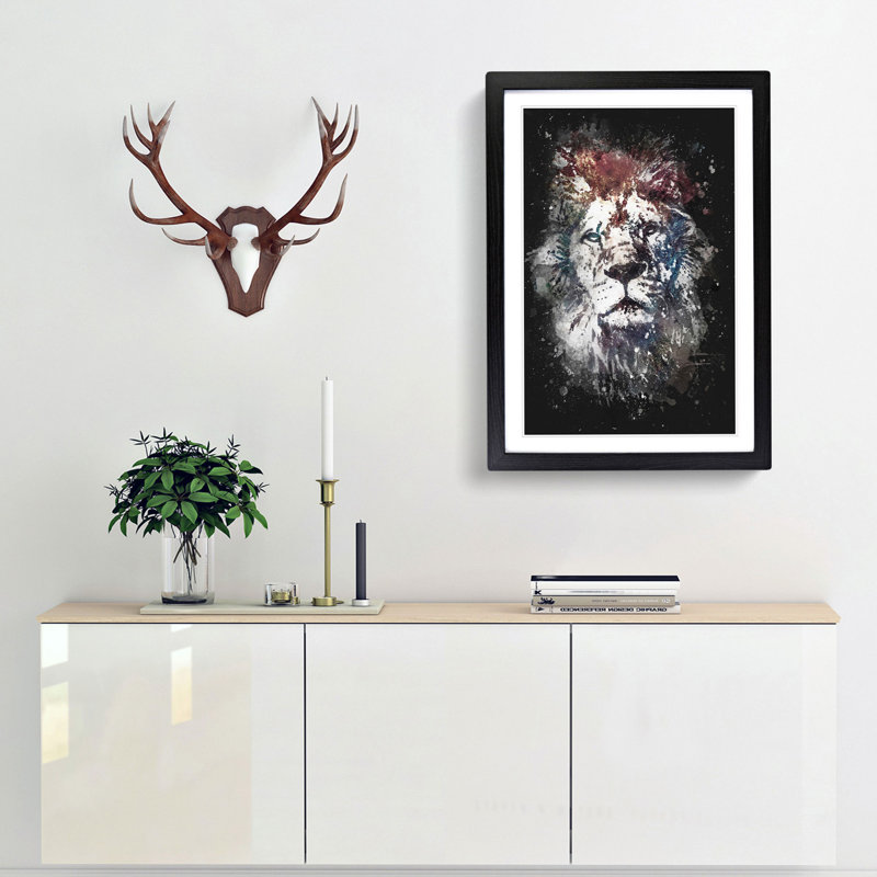 Lion Abstract Paint Splash - Picture Frame Graphic Art, 33cm H x 24cm W x 2cm D, Black Framed