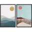 Soleil et lune au-dessus de paysages texturés, paysage géométrique minimaliste moderne Mid-Century-100708214-100708213