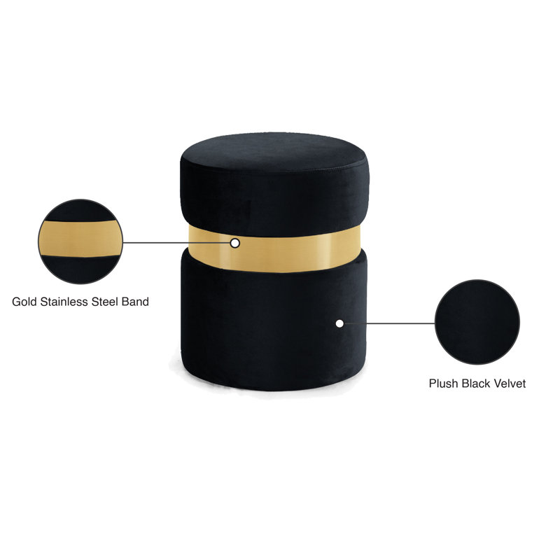 Hailey 14.5" Wide Velvet Round Cocktail Ottoman, Black Velvet, Gold