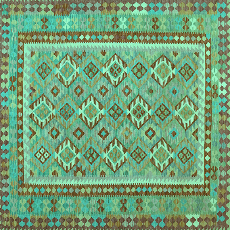 Tapis carré vert / bleu / brun en laine / polyester tissé à la machine 5 pi x 5 pi Southwestern