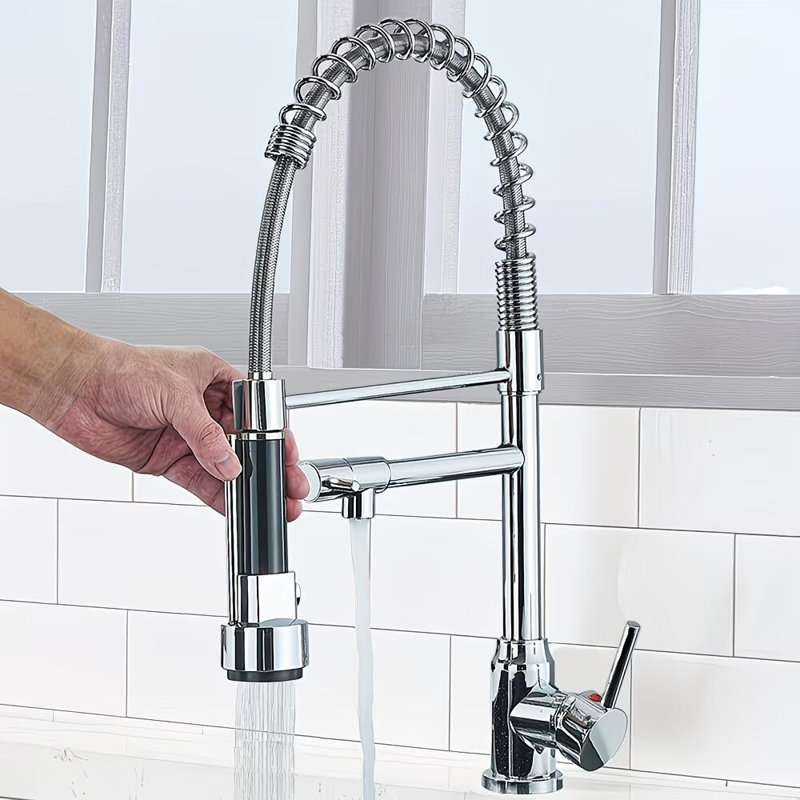 Chrome Kitchen Faucet with Pull Down Sprayer Double Spout Kitchen Sink FaucetSingle Handle Stainless Steel Spring Kitchen Faucets
