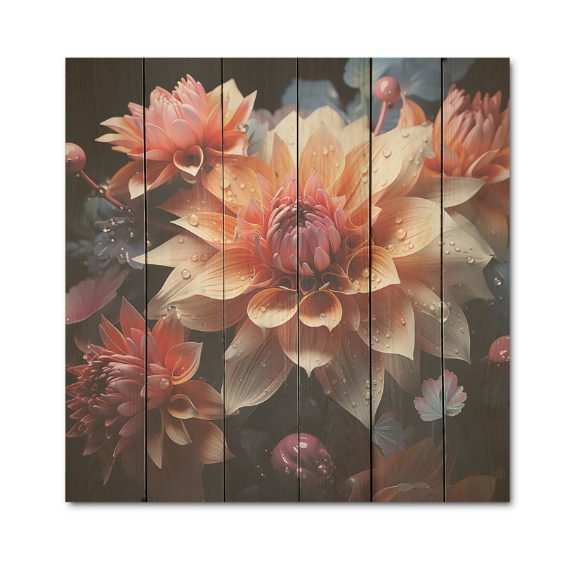 «Zinnias Efflorescence» mauve et orange - panneau mural en bois Zinnias sur bois de pin naturel, H 30 po x l 30 po