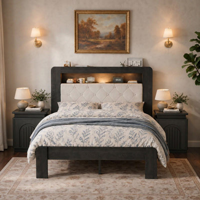 3-Piece Queen Farmhouse Bedroom Set, 1 Queen Bed  with LED and USB and 2 Nightstands with Charging Statiom