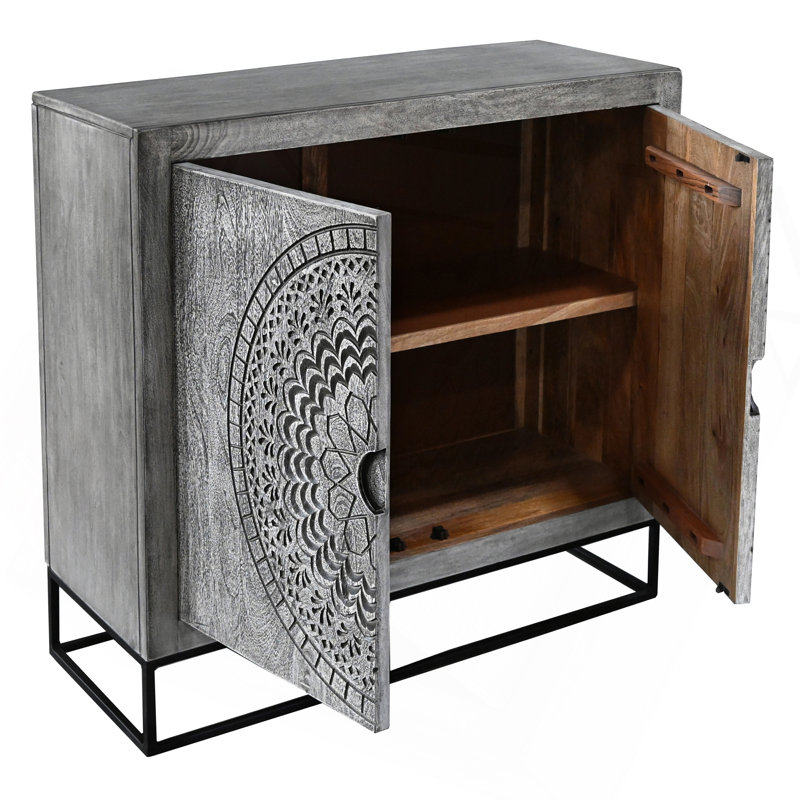 Zera 39 Inch Handcrafted Accent Cabinet With 2 Doors, Medallion Engraved, Sandblasted Gray Mango Wood, Black Iron Framed Stand