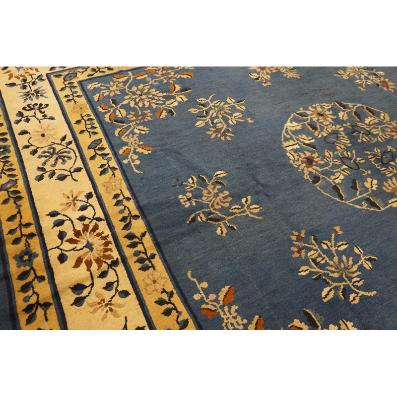 Blue Color Square Shape Antique Floral Medallion Hand Knotted Chinese Peking Rug