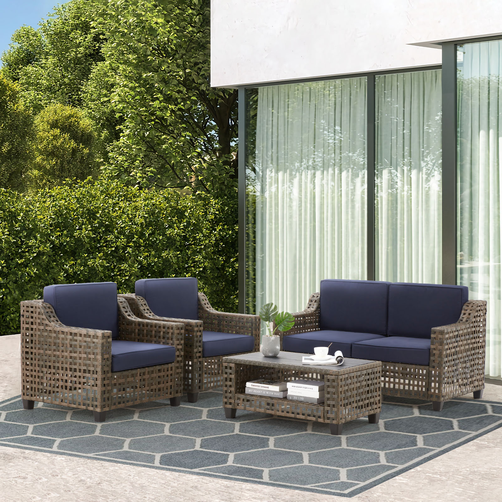 Azoriah Wicker 7 - Person Oversized Armrest Outdoor Seating Group with Storage Latitude Run Cushion Color: Navy Blue