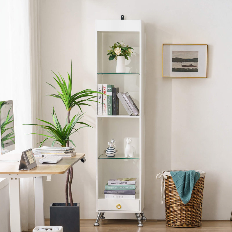 Tall Bookcase - Modern Storage Cabinet with Adjustable Glass Display Shelf and Drawer, White