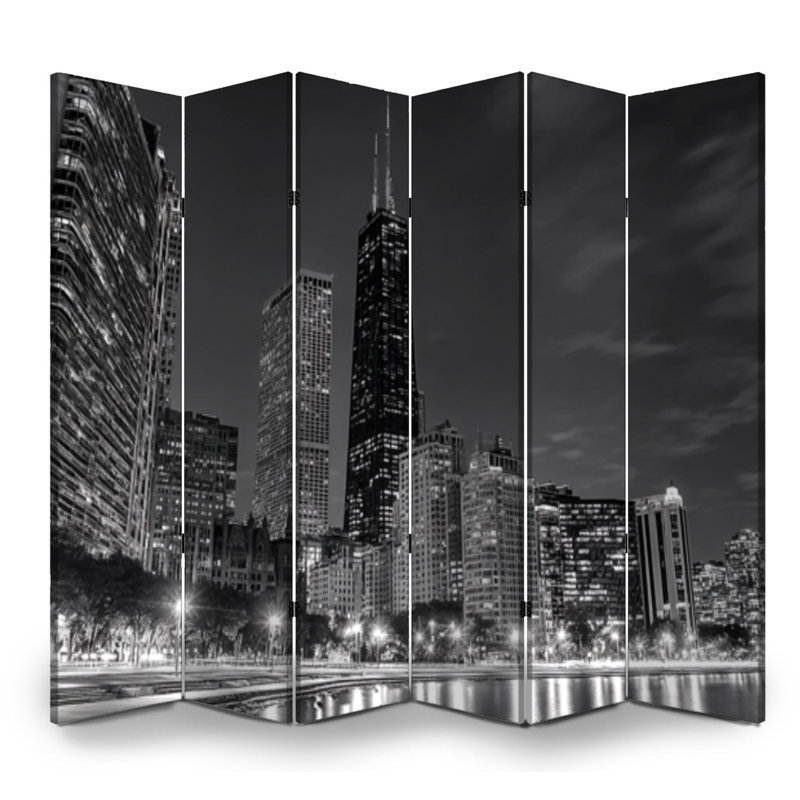 Paravent 6 panneaux à cloison pliable Royal Black White Chicago Skyline Night, Couleur 1