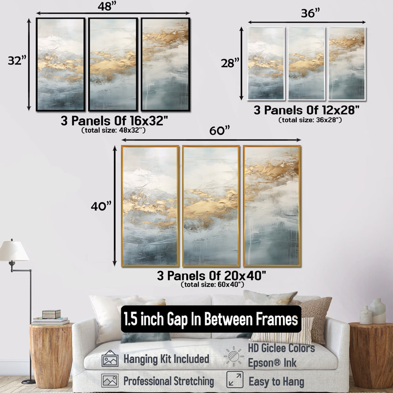 Beige, bleu, or, océan, tempête V, ensemble d'art mural sur toile à formes abstraites, H 28 po x l 36 po