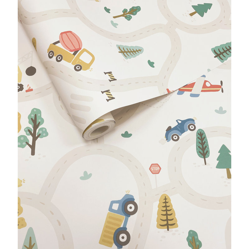 Papier peint texturé non tissé, non encollé, motif « Routes sinueuses d'aventure » crème/multicolore, 57 pi²., Beige / Crème