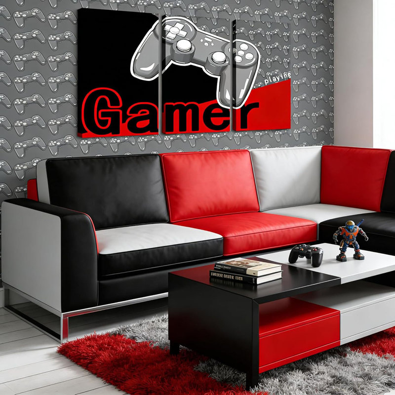 Gamer Canvas Wall Art Set of 3,Red and Black Gaming Artwork Posters Grey Video Game Room Decor Bathroom Pictures Wall Decor 16" L x 12" W Each