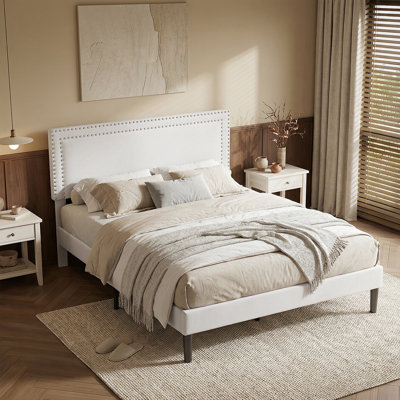 Full Size White Velvet Upholstered Platform Bed with Adjustable Headboard, Modern Bed Frame with Wood Slats, No Box Spring Needed