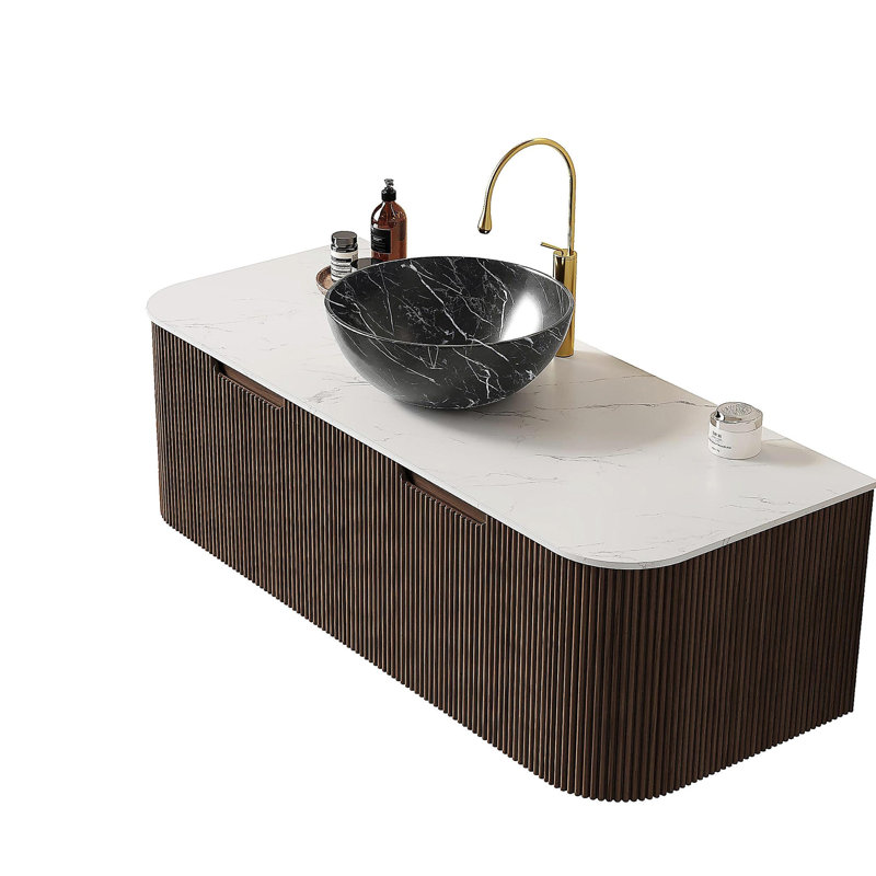 DINA 48" Bathroom Vanity with Sink, Wall-Mounted Floating Curved Edges Striped Bathroom Storage Cabinet with 2 Drawers, Black Bowl Ceramic Basin with Stone Pattern, Pre-assembled, Dark Walnut Color