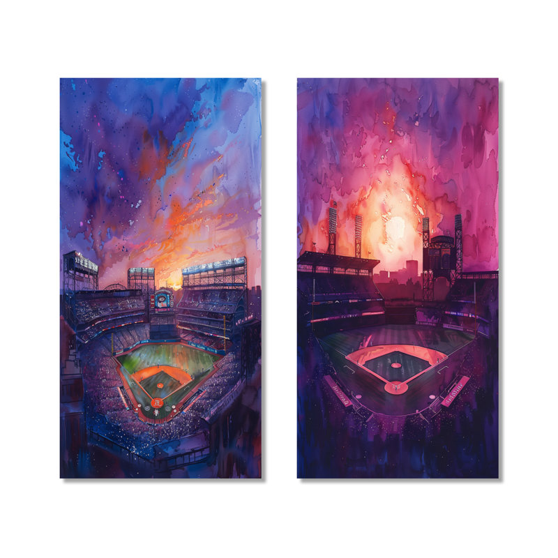 Stade de baseball mauve orange - nuit I - ensemble de 2 décorations murales en métal, 40" H x 40" W