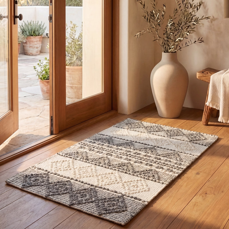 Jacques Hand Woven Wool/Cotton Striped Rug in Grey/Ivory, Rectangle 2' x 3'